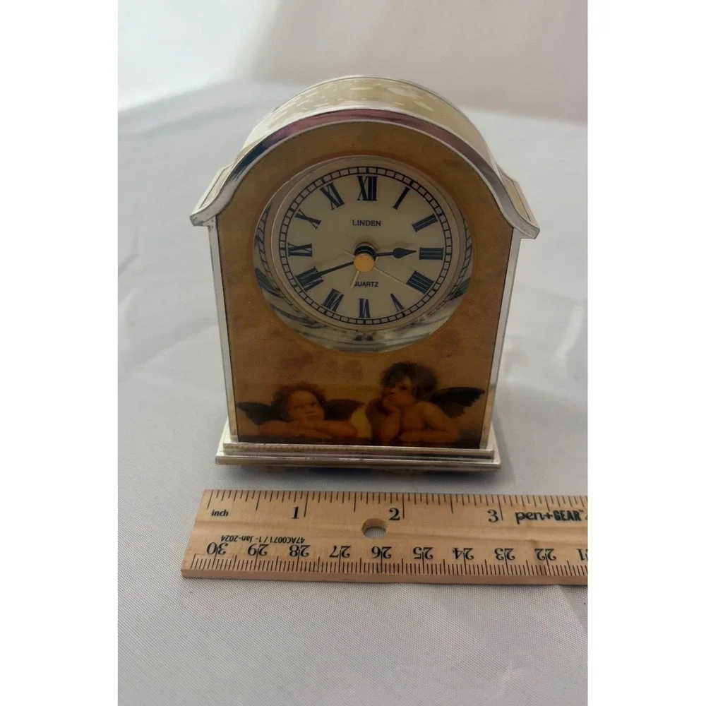 Linden Quartz Alarm Clock Raphael Cherubs Angels Roman Numerals Gold Silver Tone